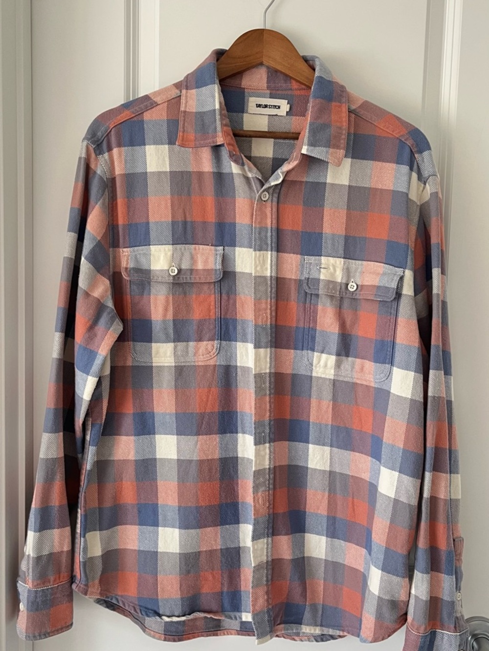 100% Cotton Men’s Long-Sleeve Plaid Shirt - Coral Blue Pink White